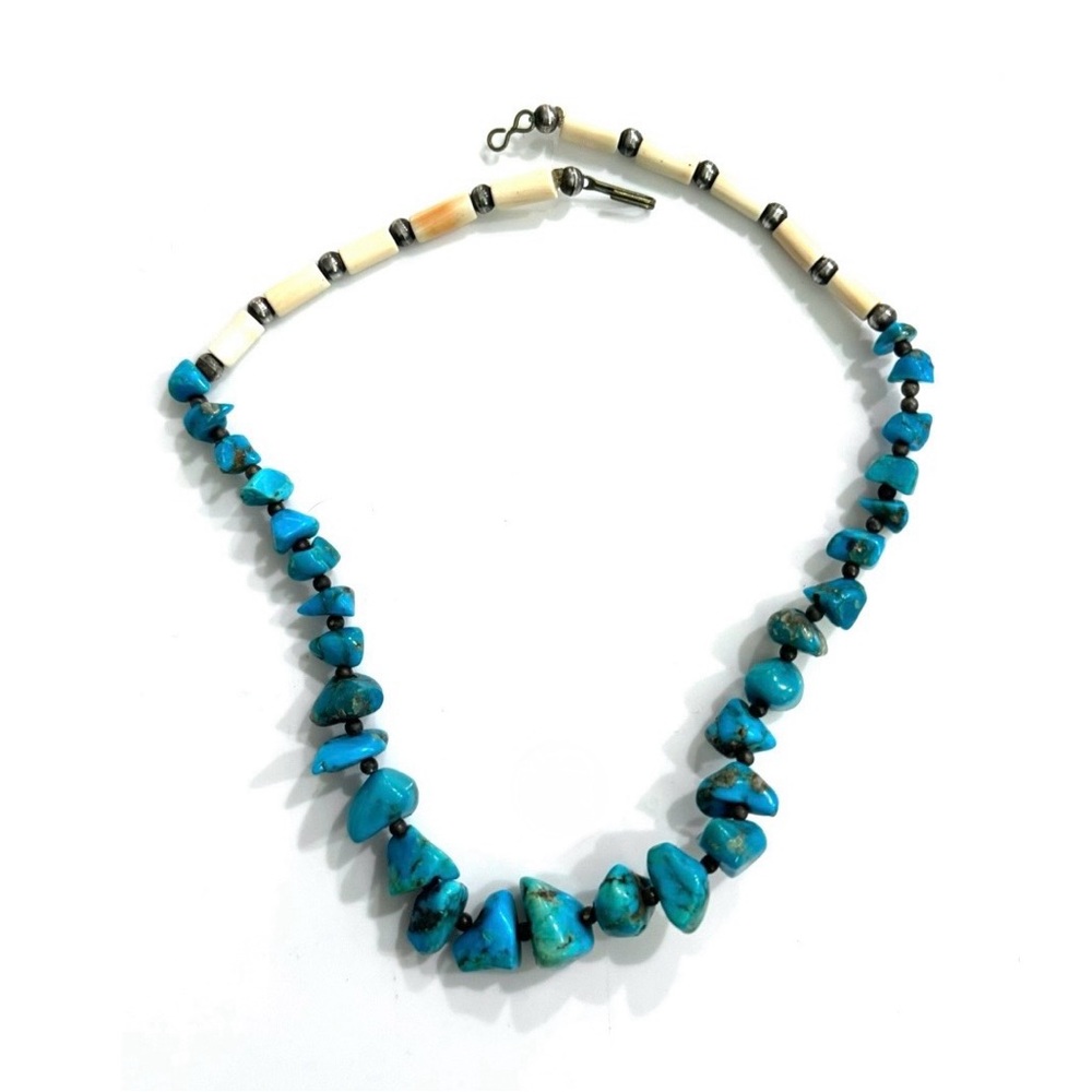 Vintage Navajo Morenci Turquoise Sterling Silver 17” Necklace